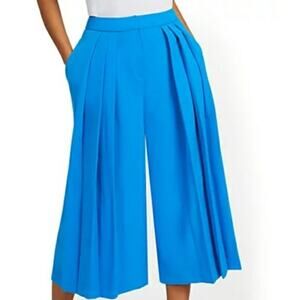 New York & Company Pleated Culottes Wide Leg Crop Pants Size 6 Royal Blue